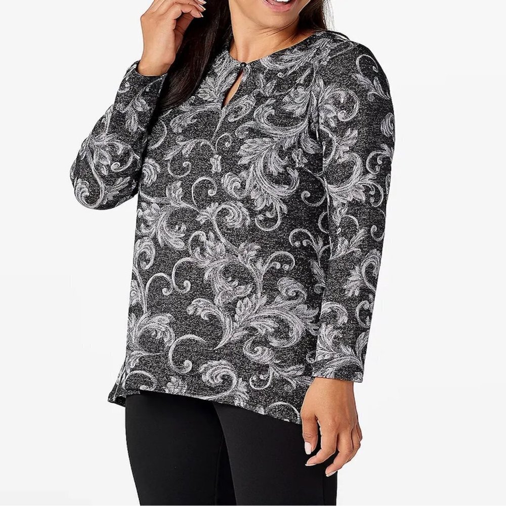 NWT New Susan Graver Printed Lurex Black Grey Knit Top Size 3X